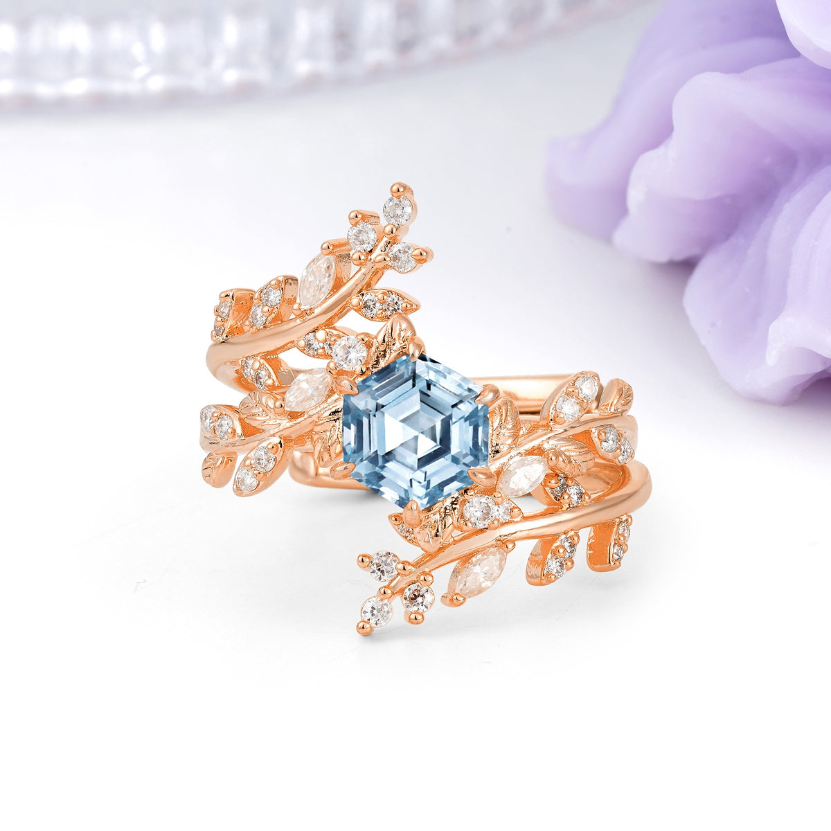 Nature-Inspired Luxury: 6-Prong Hexagonal Cut Aquamarine Bridal Ring Set - Additional view