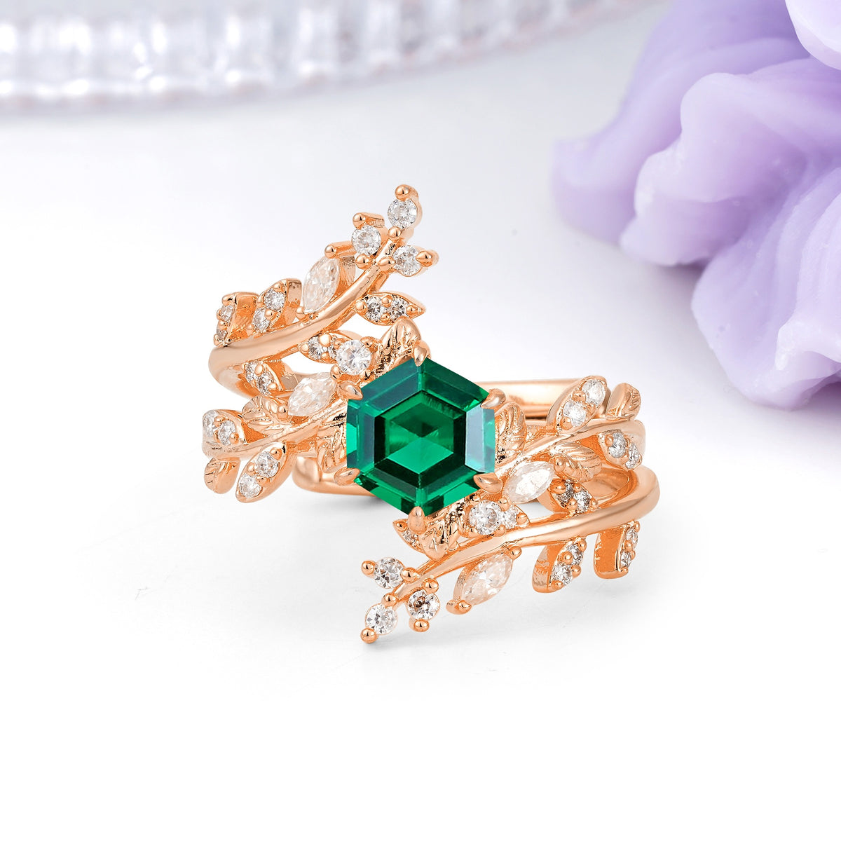 Nature-Inspired Luxury: 6-Prong Hexagonal Cut Emerald Bridal Ring Set - Additional view