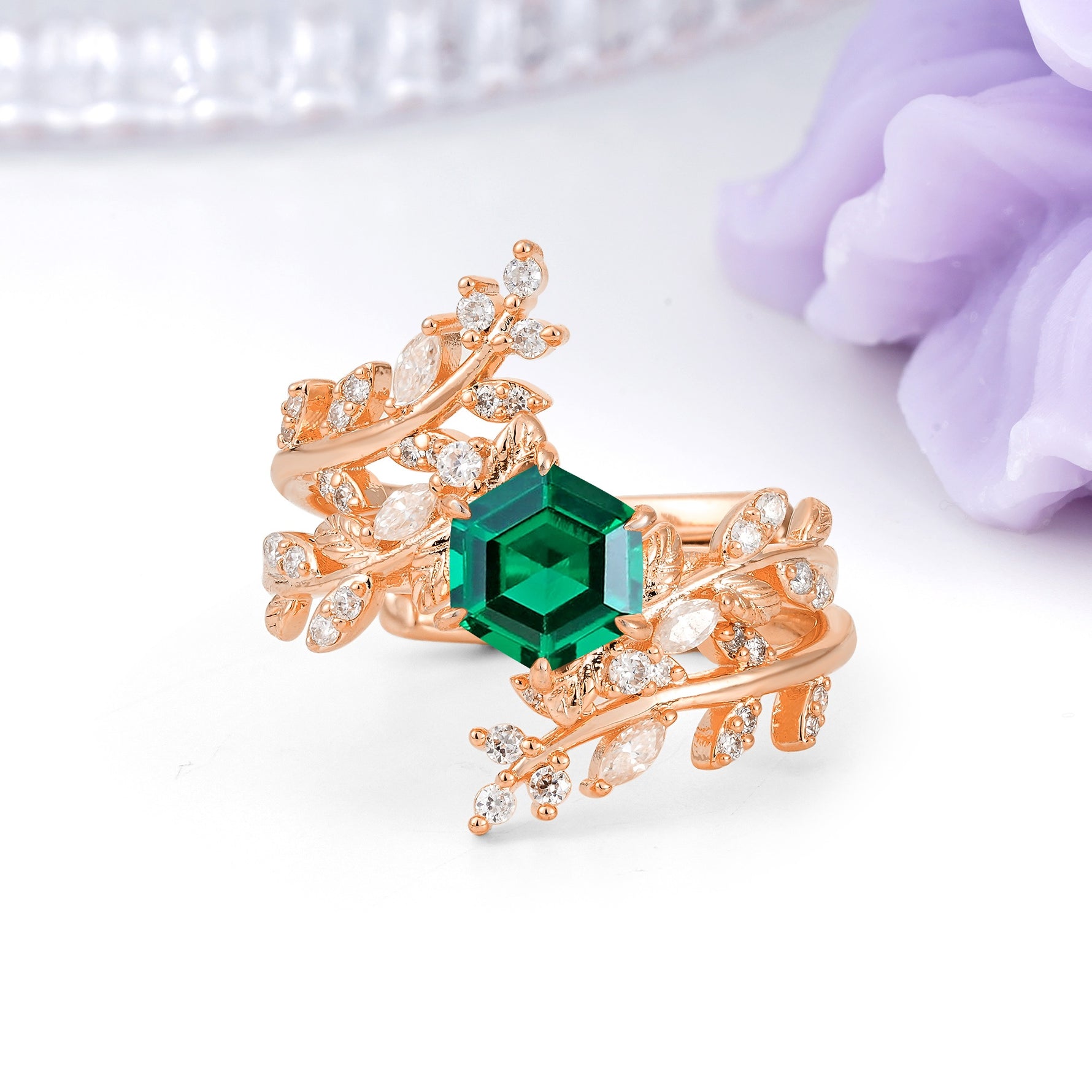 Nature-Inspired Luxury: 6-Prong Hexagonal Cut Emerald Bridal Ring Set - Additional view