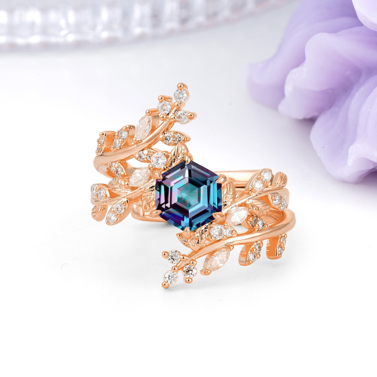 Nature-Inspired Luxury: 6-Prong Hexagonal Cut Alexandrite Bridal Ring Set - Additional view