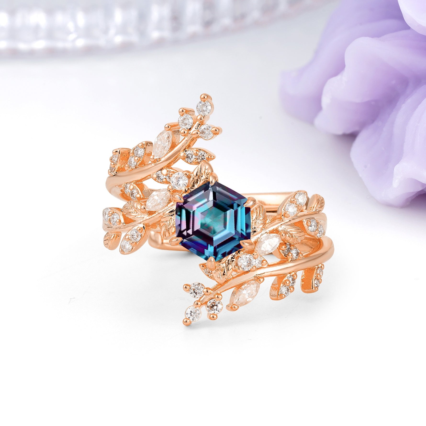 Nature-Inspired Luxury: 6-Prong Hexagonal Cut Alexandrite Bridal Ring Set - Additional view