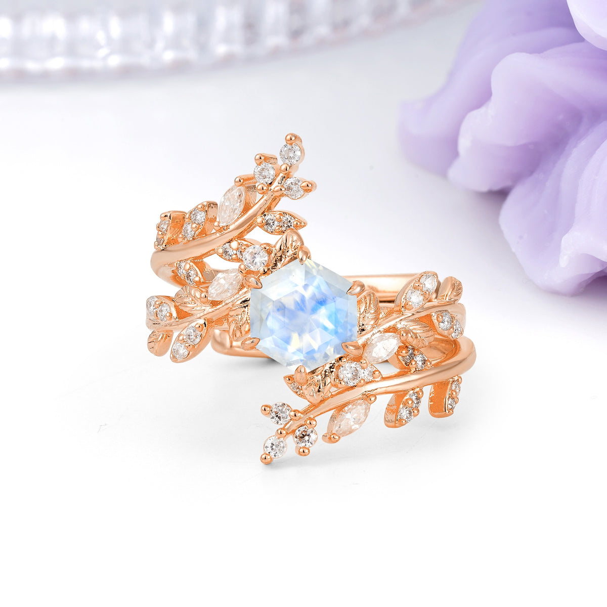 Nature-Inspired Luxury: 6-Prong Hexagonal Cut Moonstone Bridal Ring Set - Additional view