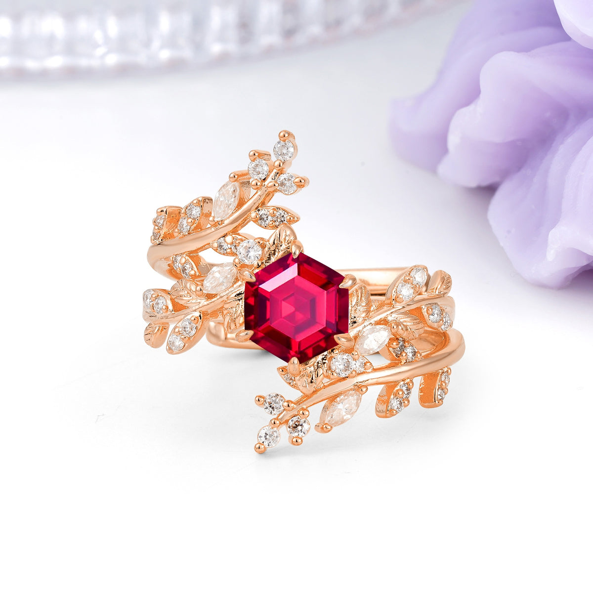Nature-Inspired Luxury: 6-Prong Hexagonal Cut Ruby Bridal Ring Set - Additional view
