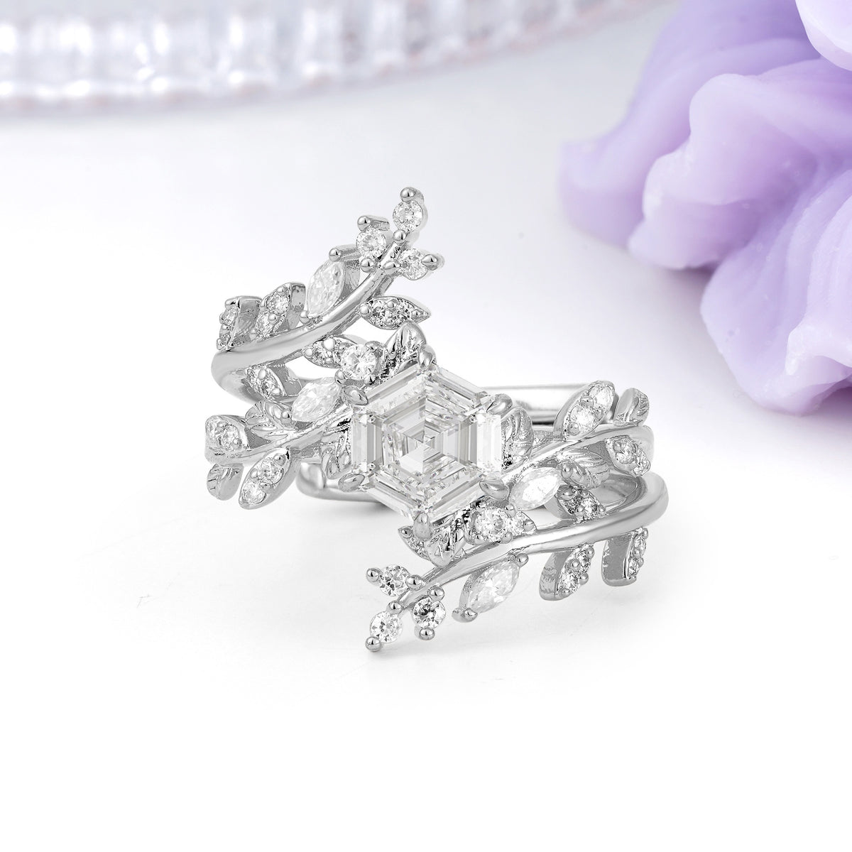 Nature-Inspired Luxury: 6-Prong Hexagonal Cut Moissanite Bridal Ring Set - Additional view
