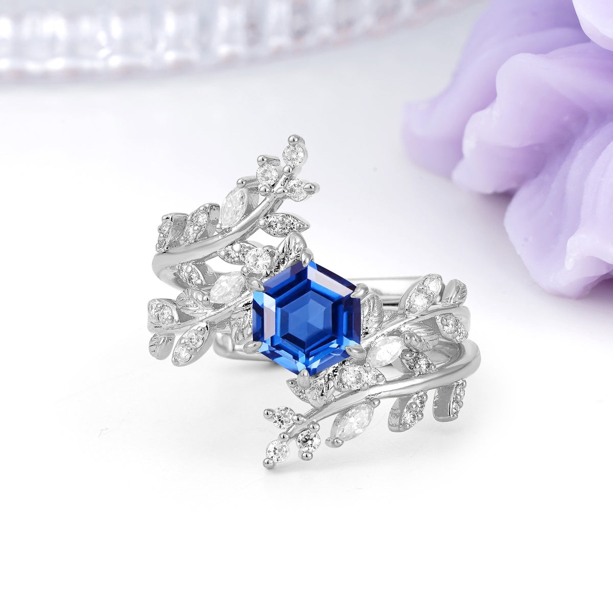 Nature-Inspired Luxury: 6-Prong Hexagonal Cut Sapphire Bridal Ring Set - Additional view