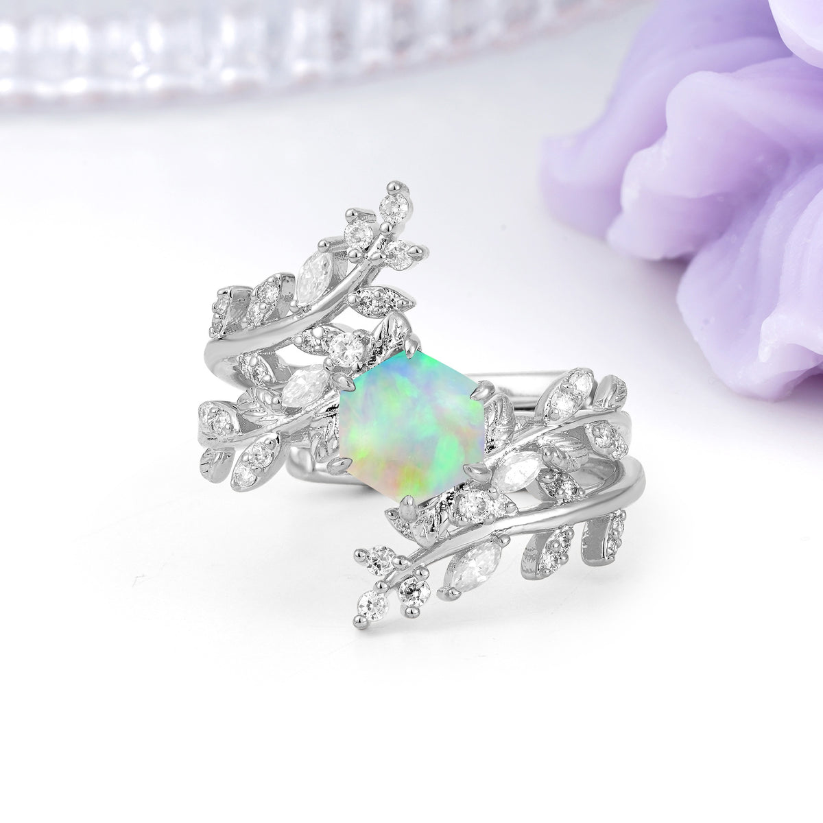 Nature-Inspired Luxury: 6-Prong Hexagonal Cut Fire Opal Bridal Ring Set - Additional view