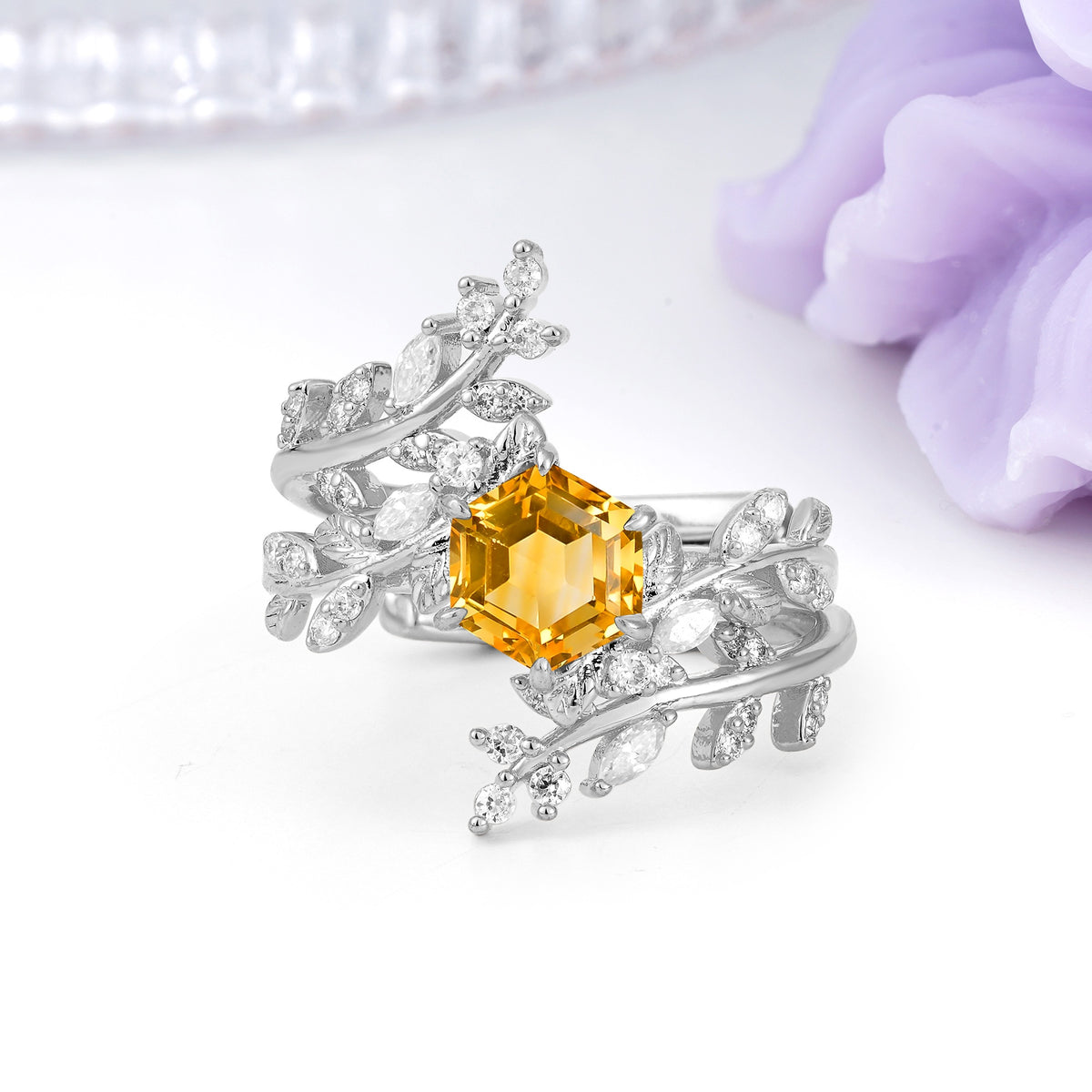 Nature-Inspired Luxury: 6-Prong Hexagonal Cut Citrine Bridal Ring Set - Additional view