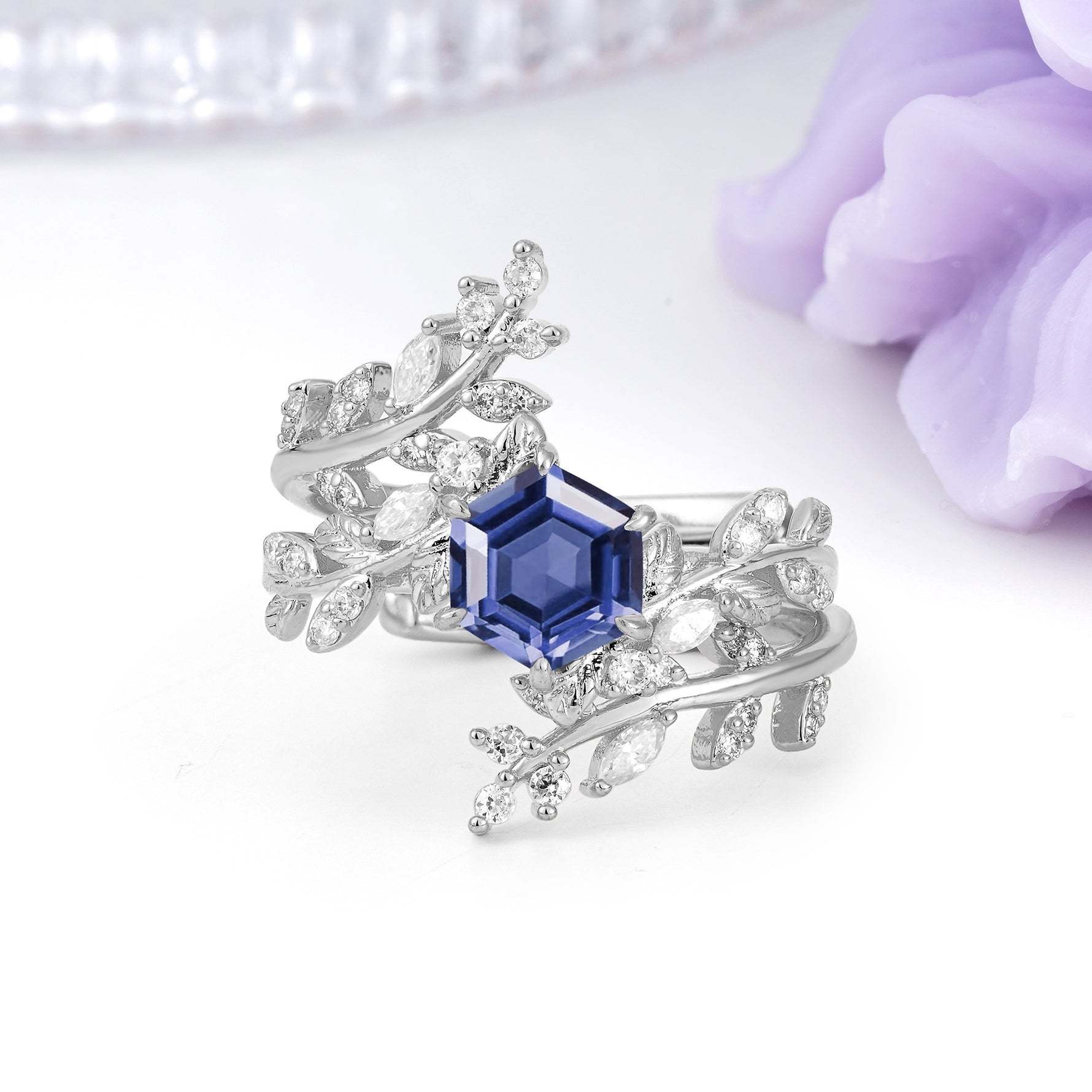 Nature-Inspired Luxury: 6-Prong Hexagonal Cut Tanzanite Bridal Ring Set - Additional view