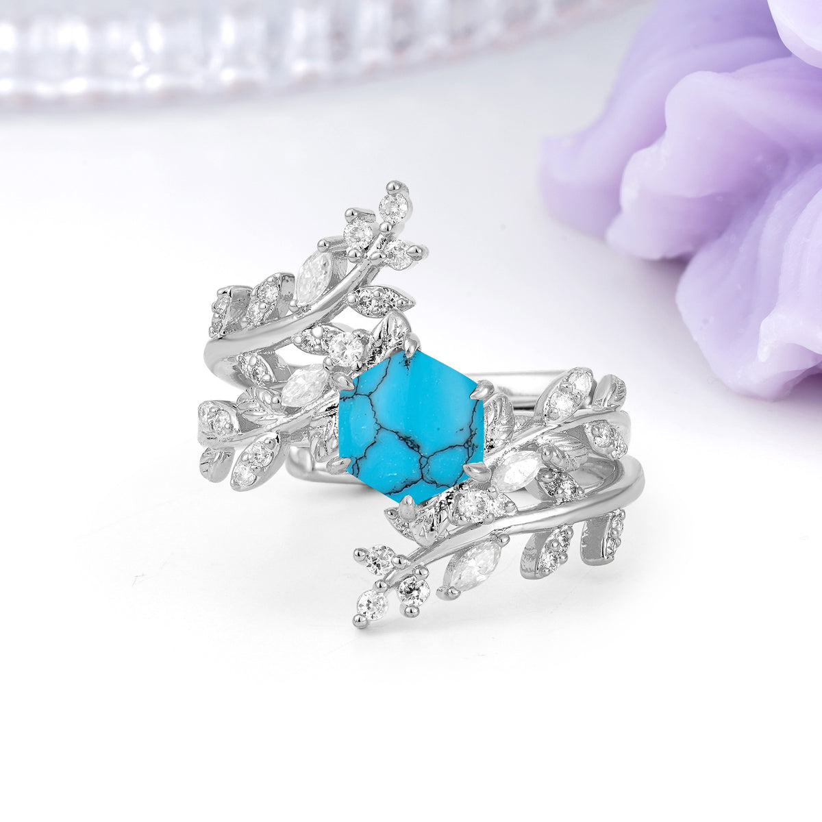 Nature-Inspired Luxury: 6-Prong Hexagonal Cut Turquoise Bridal Ring Set - Additional view