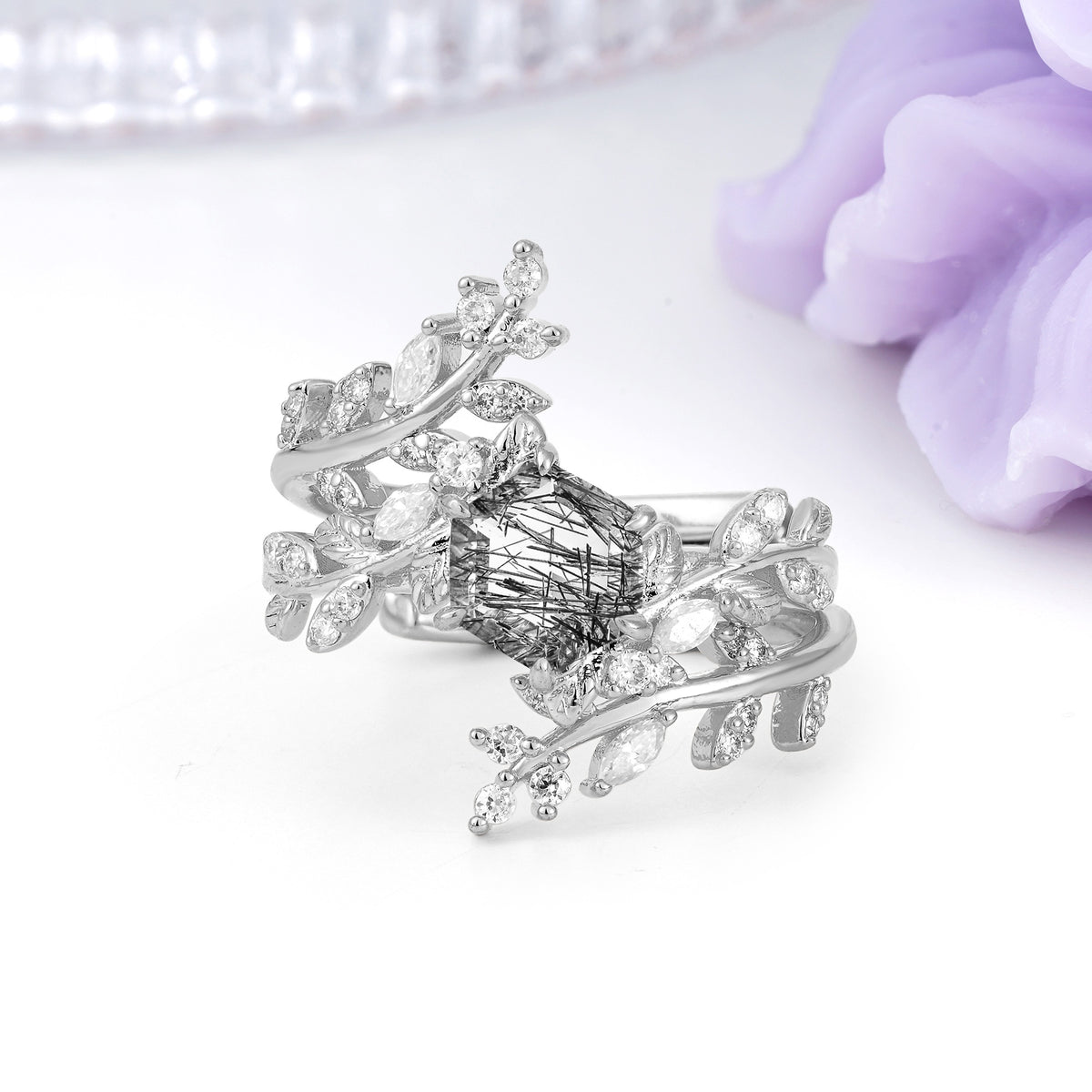 Nature-Inspired Luxury: 6-Prong Hexagonal Cut Black Rutilated Quartz Bridal Ring Set - Additional view
