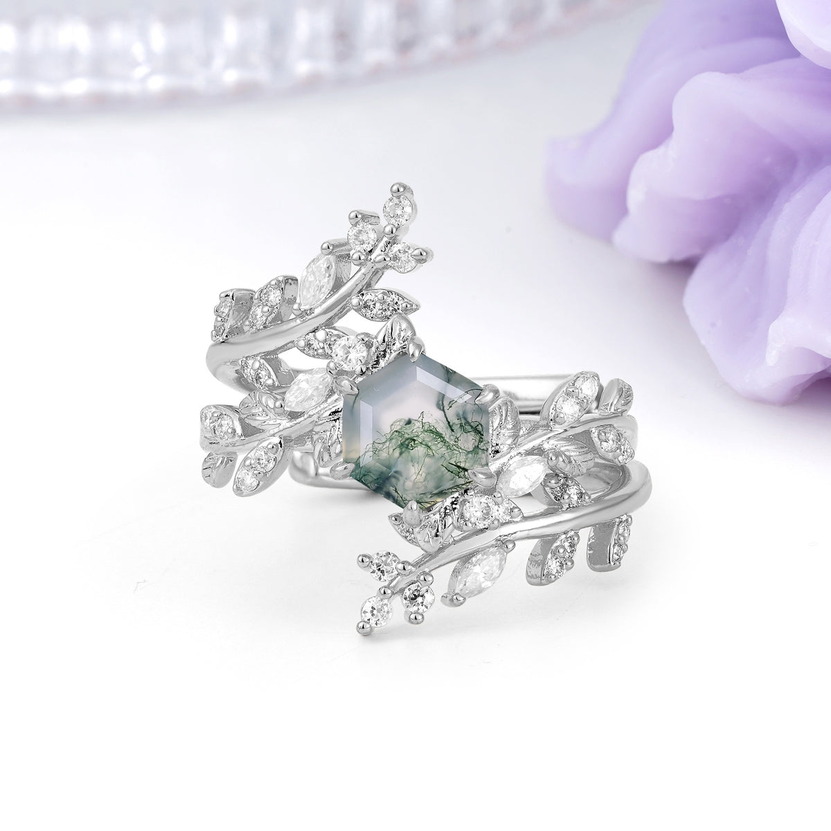 Nature-Inspired Luxury: 6-Prong Hexagonal Cut Moss Agate Bridal Ring Set - Additional view