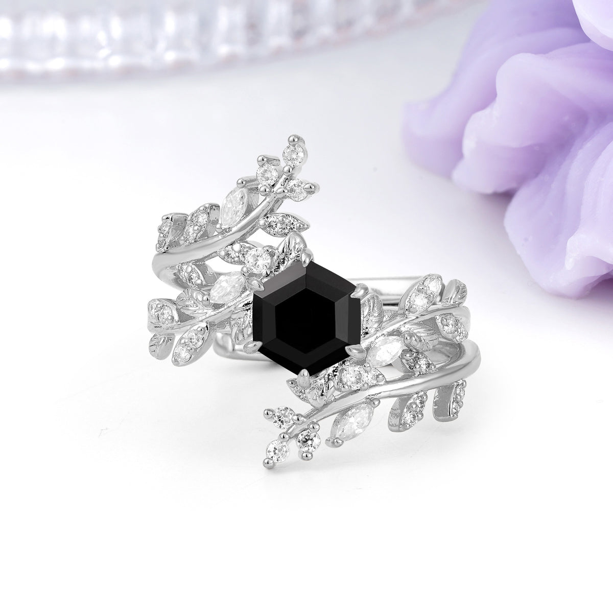 Nature-Inspired Luxury: 6-Prong Hexagonal Cut Black Onyx Bridal Ring Set - Additional view