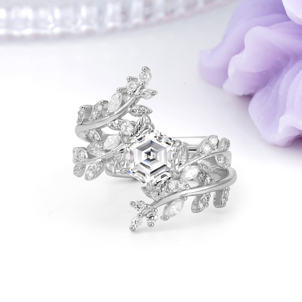 Nature-Inspired Luxury: 6-Prong Hexagonal Cut Lab Diamond Bridal Ring Set - Additional view