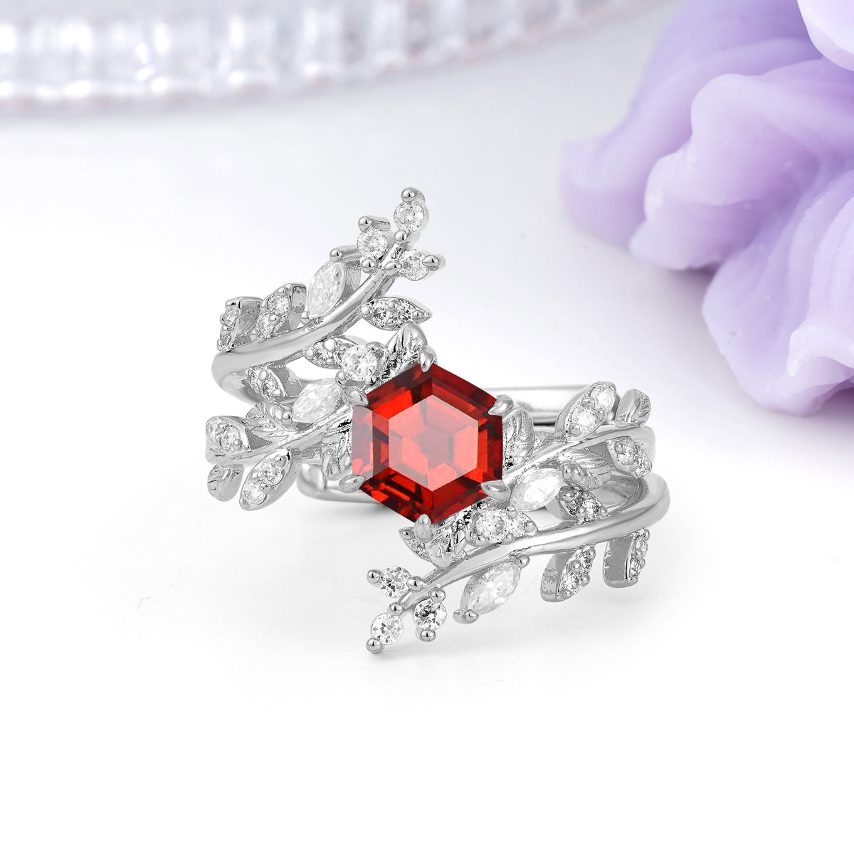 Nature-Inspired Luxury: 6-Prong Hexagonal Cut Garnet Bridal Ring Set - Additional view
