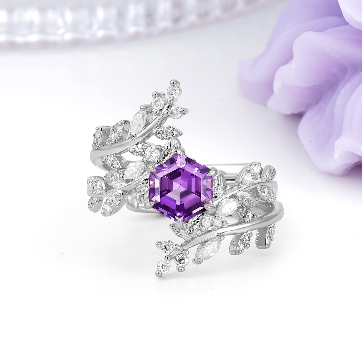 Nature-Inspired Luxury: 6-Prong Hexagonal Cut Amethyst Bridal Ring Set - Additional view