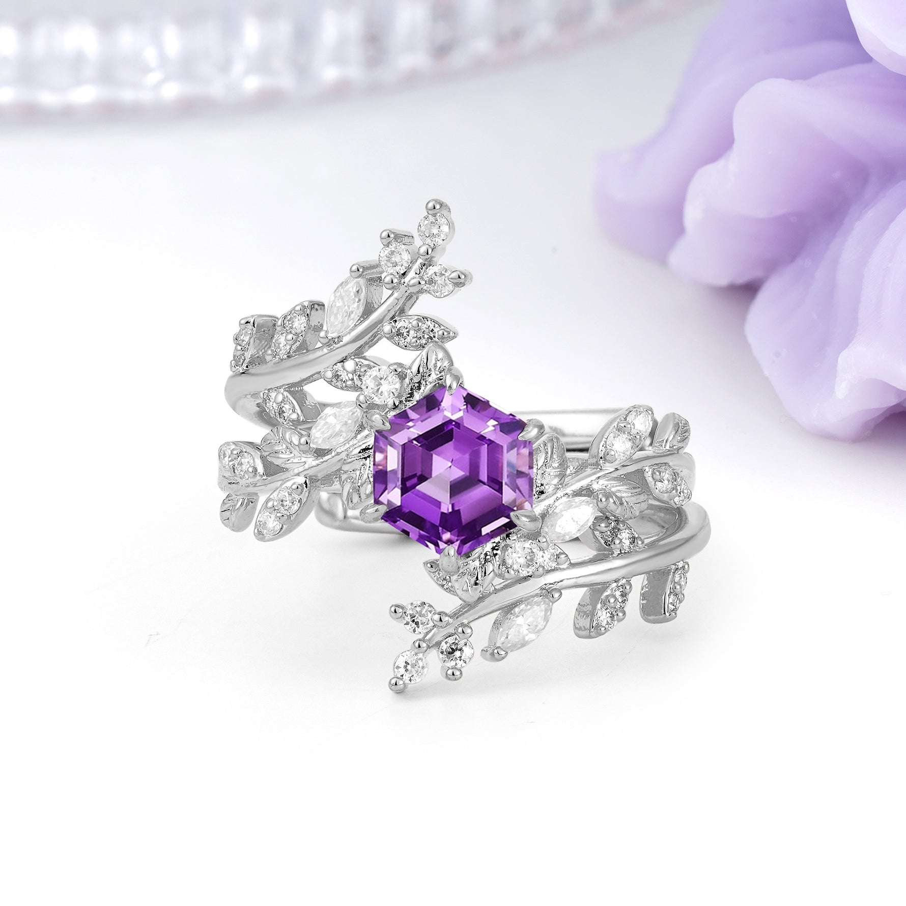 Nature-Inspired Luxury: 6-Prong Hexagonal Cut Amethyst Bridal Ring Set - Additional view