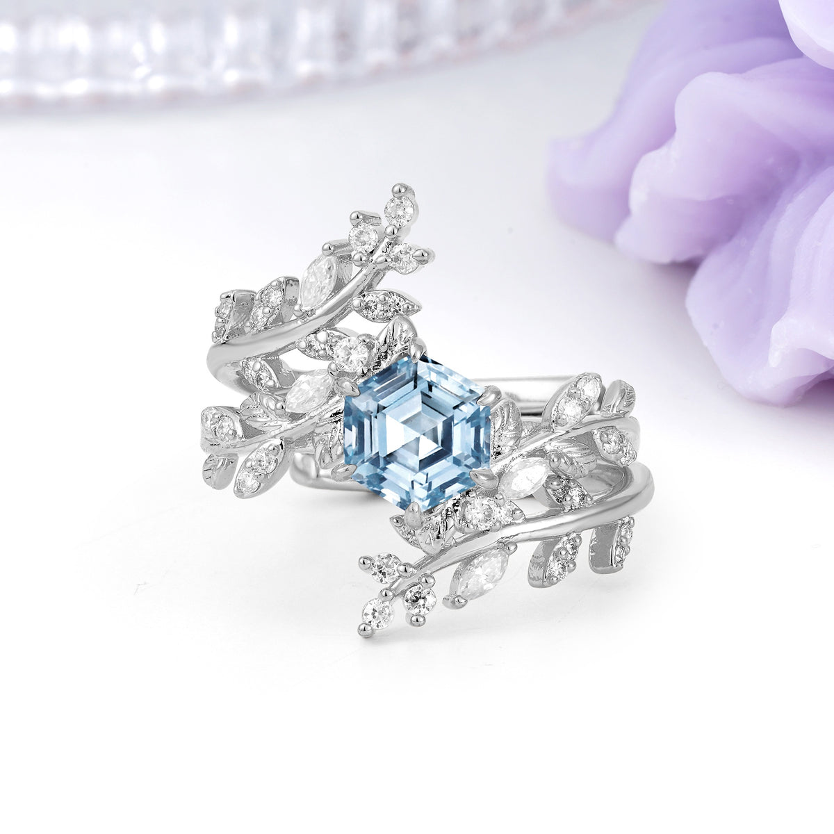 Nature-Inspired Luxury: 6-Prong Hexagonal Cut Aquamarine Bridal Ring Set - Additional view