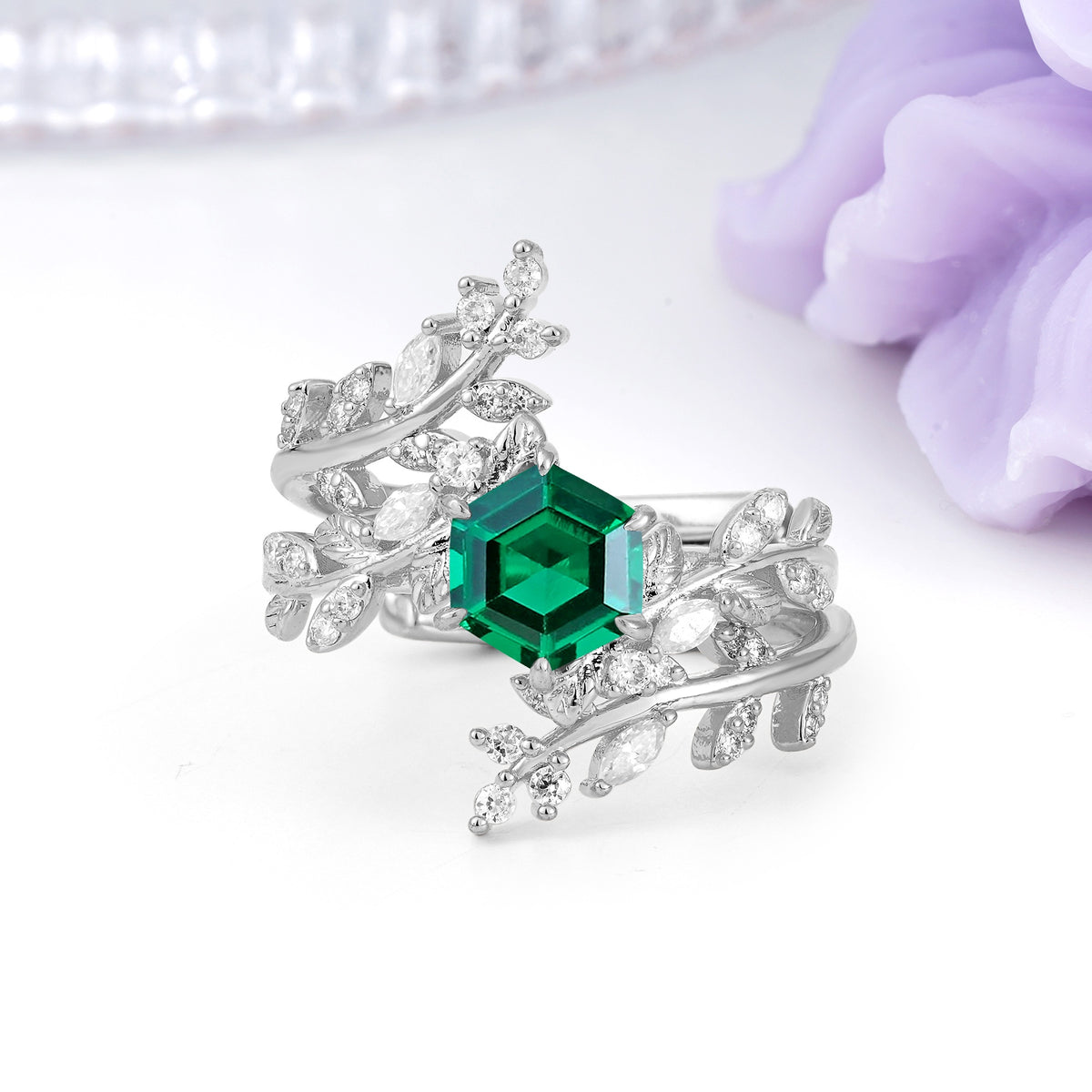 Nature-Inspired Luxury: 6-Prong Hexagonal Cut Emerald Bridal Ring Set - Additional view