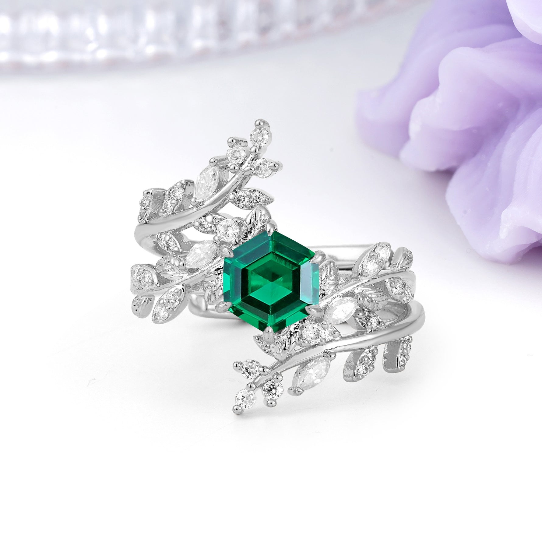Nature-Inspired Luxury: 6-Prong Hexagonal Cut Emerald Bridal Ring Set - Additional view