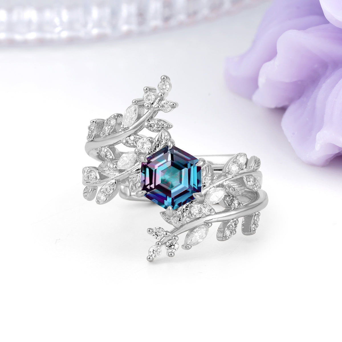 Nature-Inspired Luxury: 6-Prong Hexagonal Cut Alexandrite Bridal Ring Set - Additional view
