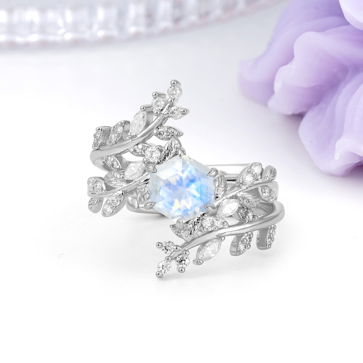 Nature-Inspired Luxury: 6-Prong Hexagonal Cut Moonstone Bridal Ring Set - Additional view