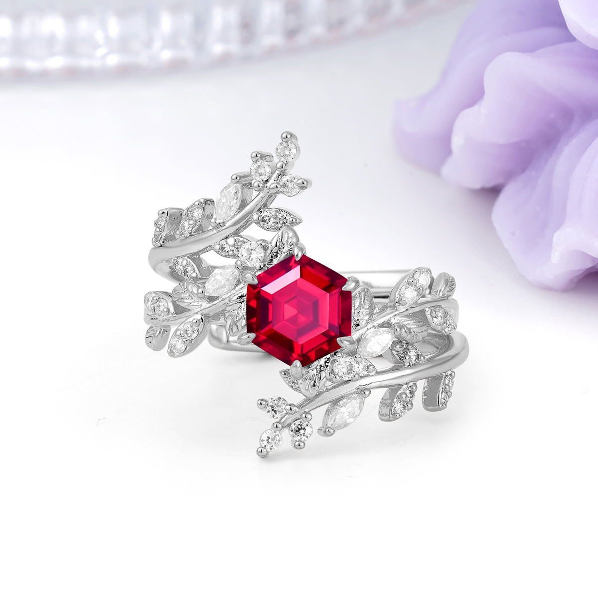 Nature-Inspired Luxury: 6-Prong Hexagonal Cut Ruby Bridal Ring Set - Additional view