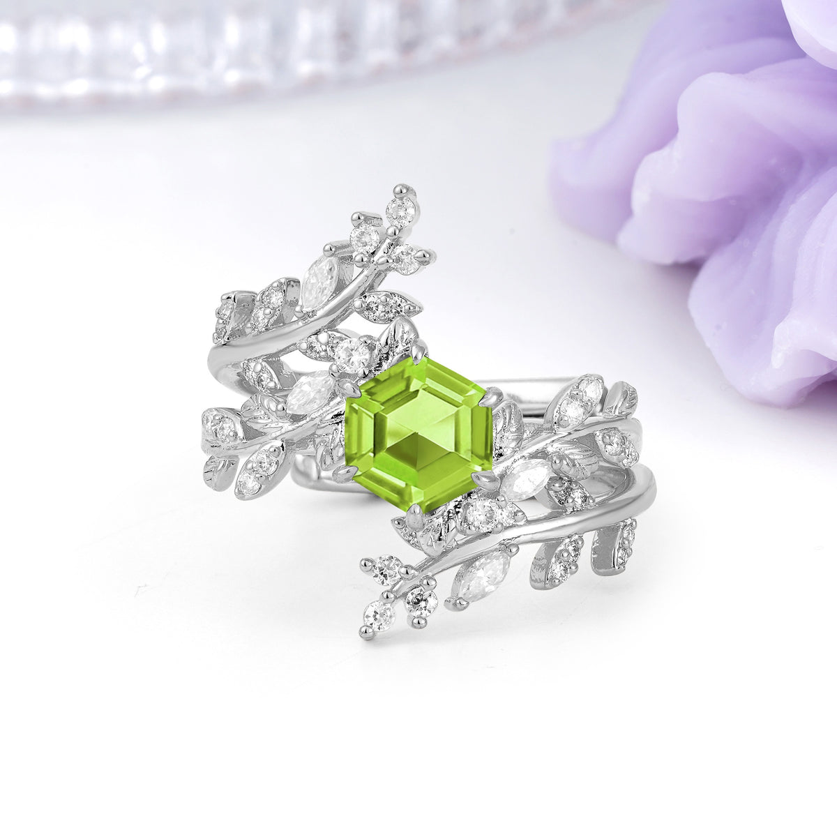 Nature-Inspired Luxury: 6-Prong Hexagonal Cut Peridot Bridal Ring Set - Additional view