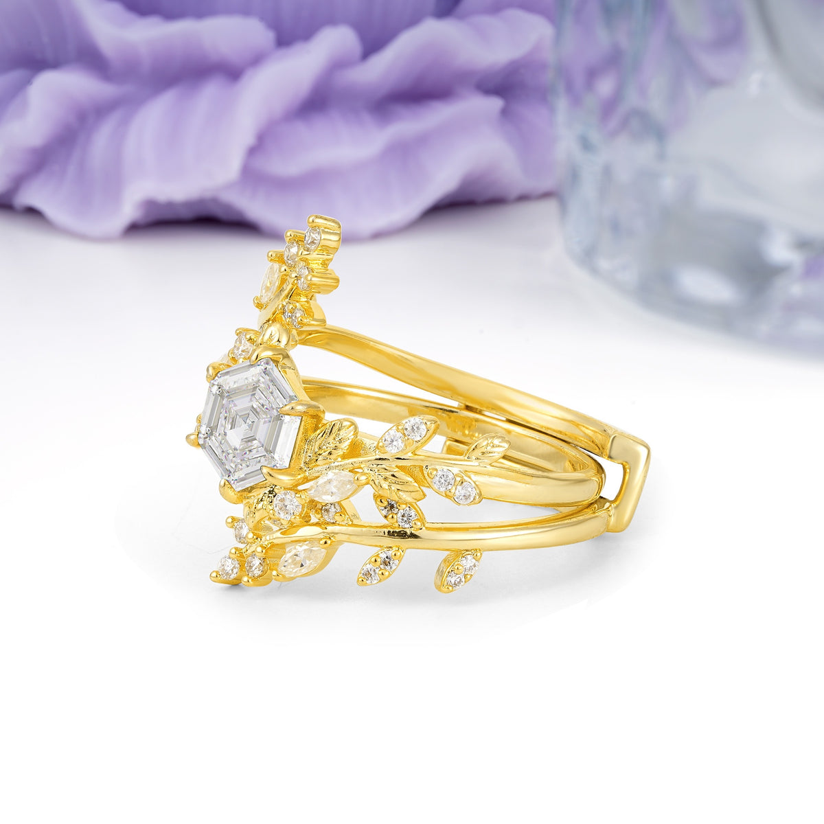 Nature-Inspired Luxury: 6-Prong Hexagonal Cut Moissanite Bridal Ring Set - Additional view