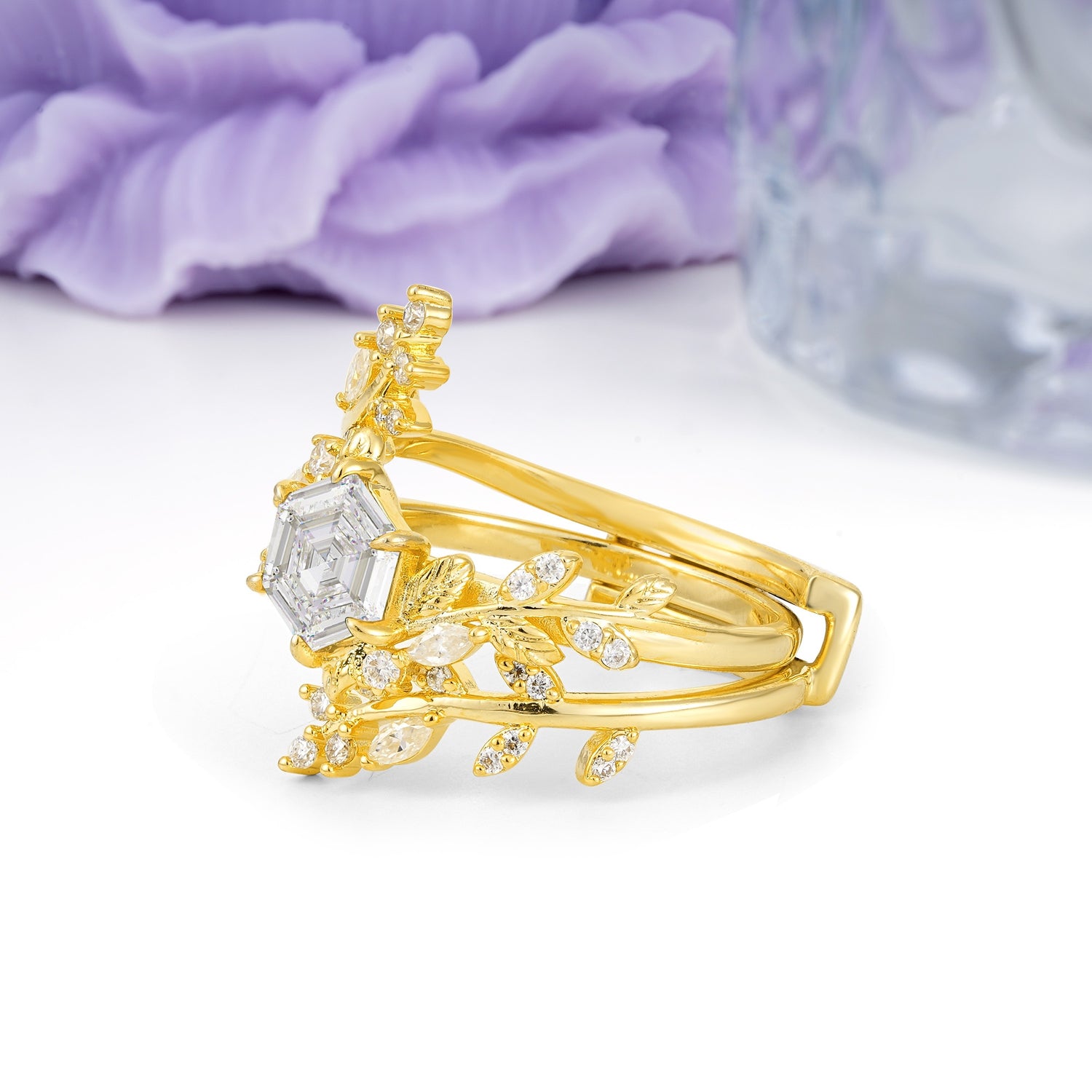Nature-Inspired Luxury: 6-Prong Hexagonal Cut Moissanite Bridal Ring Set - Additional view
