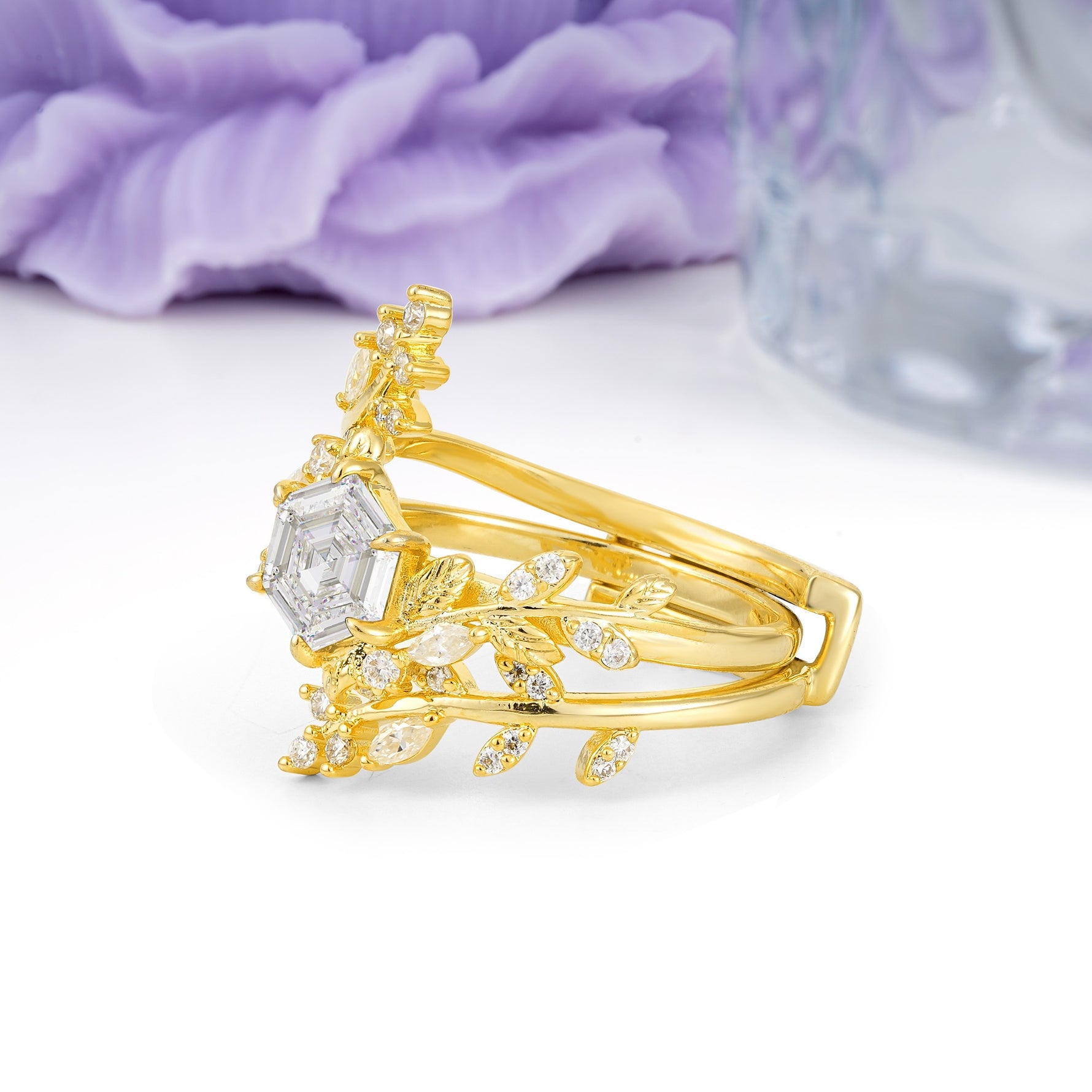 Nature-Inspired Luxury: 6-Prong Hexagonal Cut Moissanite Bridal Ring Set - Additional view