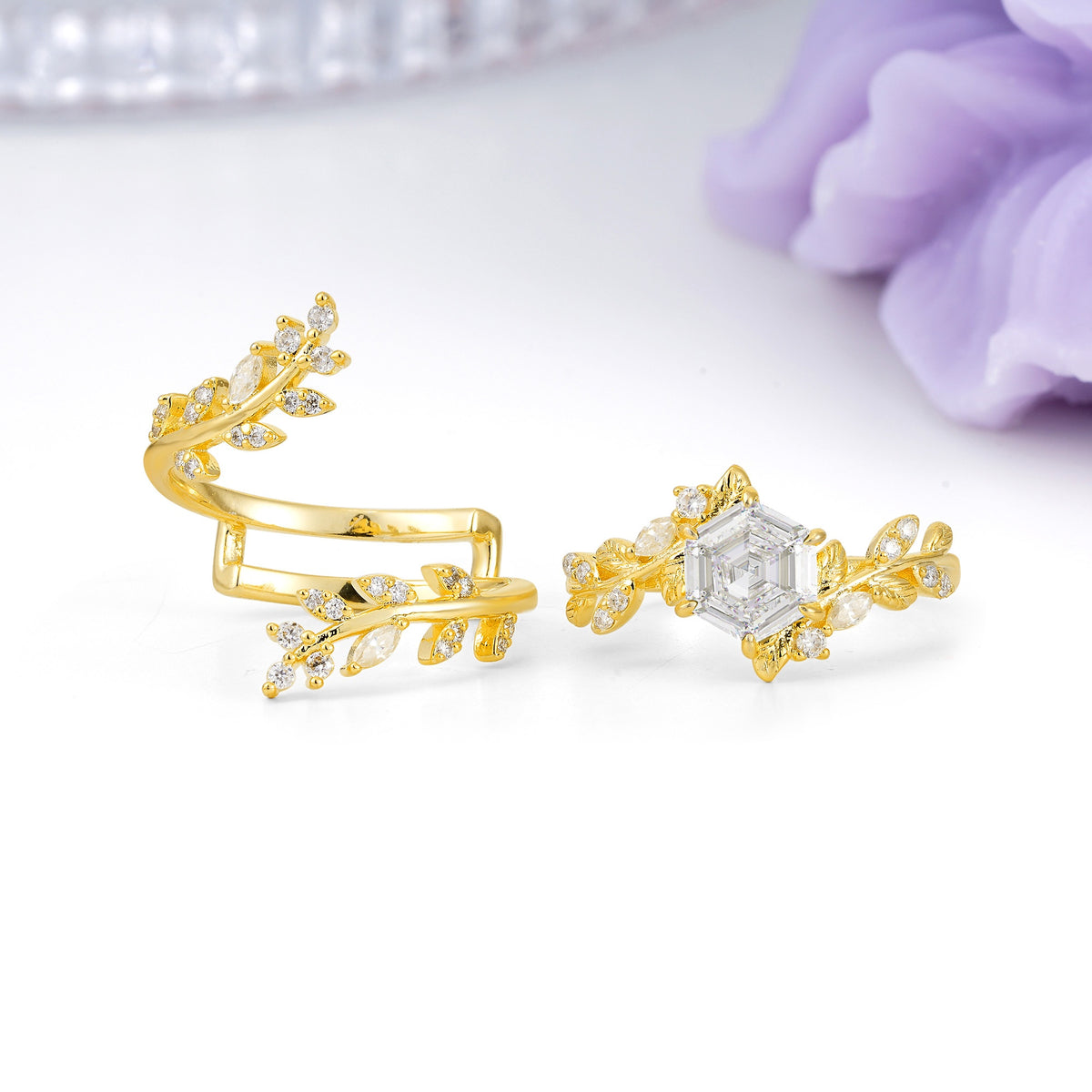 Nature-Inspired Luxury: 6-Prong Hexagonal Cut Moissanite Bridal Ring Set - Additional view