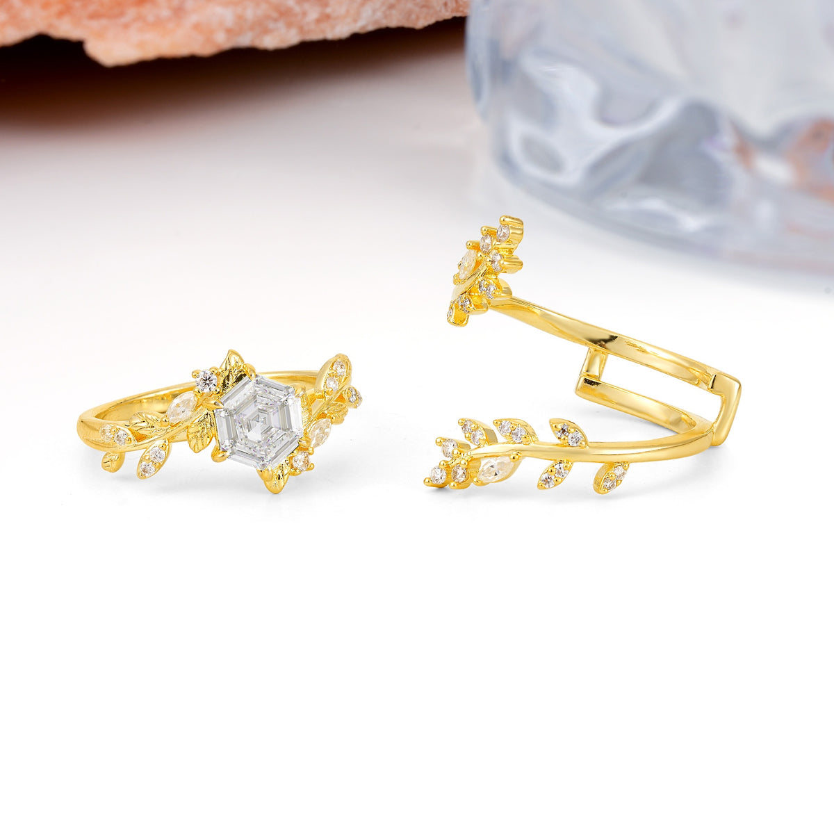 Nature-Inspired Luxury: 6-Prong Hexagonal Cut Moissanite Bridal Ring Set - Additional view