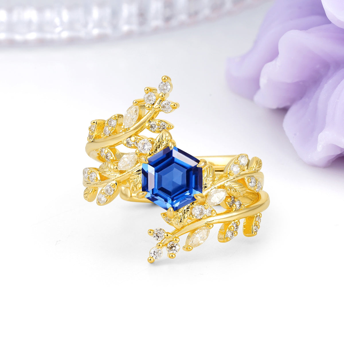 Nature-Inspired Luxury: 6-Prong Hexagonal Cut Sapphire Bridal Ring Set - Additional view