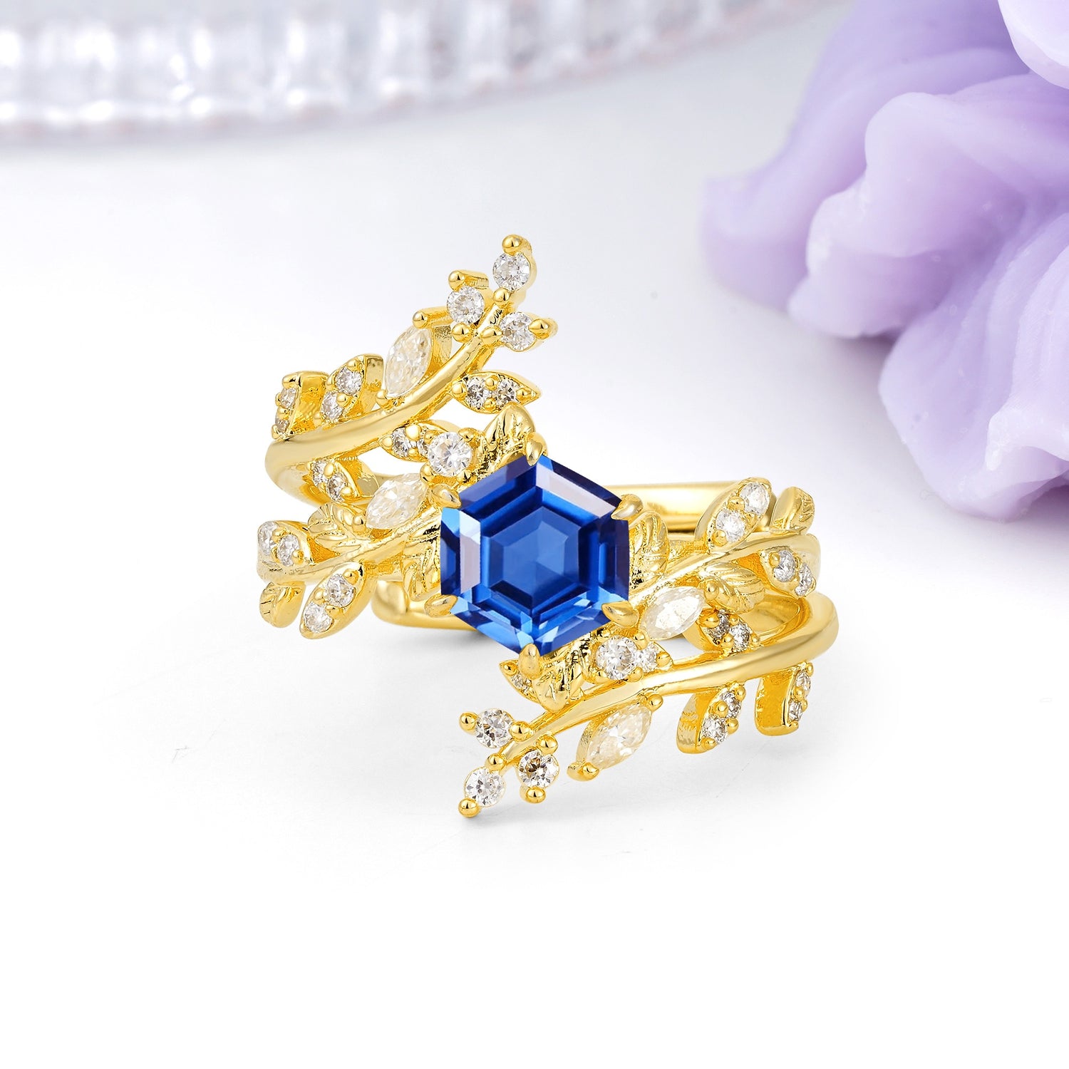 Nature-Inspired Luxury: 6-Prong Hexagonal Cut Sapphire Bridal Ring Set - Additional view