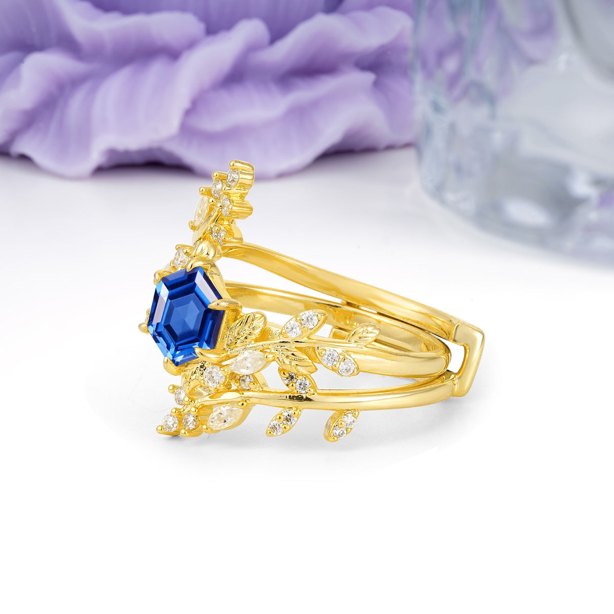 Nature-Inspired Luxury: 6-Prong Hexagonal Cut Sapphire Bridal Ring Set - Additional view