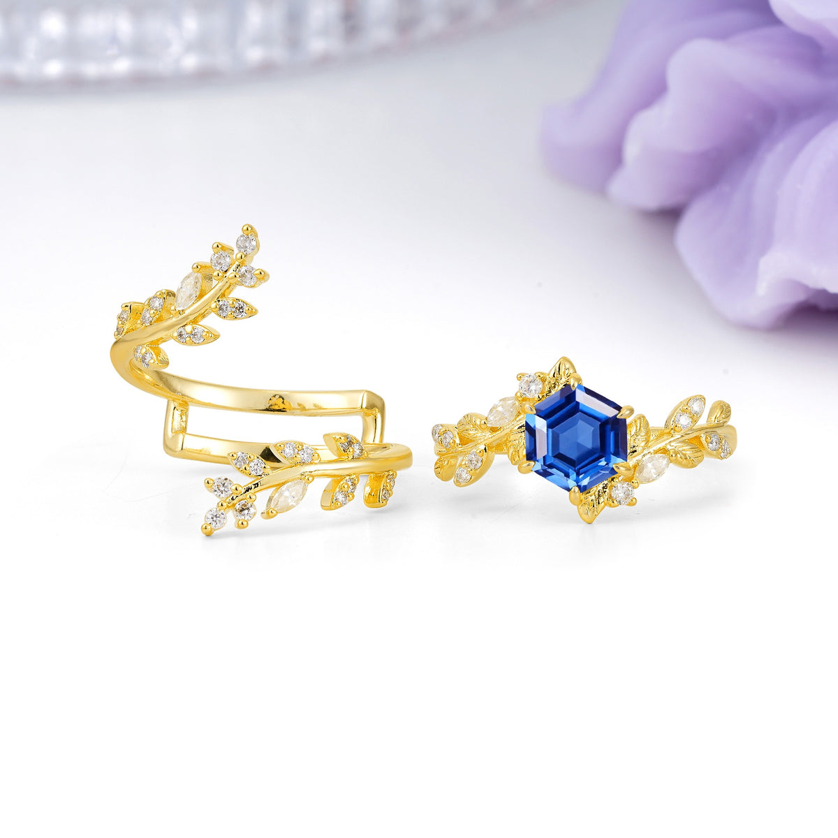 Nature-Inspired Luxury: 6-Prong Hexagonal Cut Sapphire Bridal Ring Set - Additional view