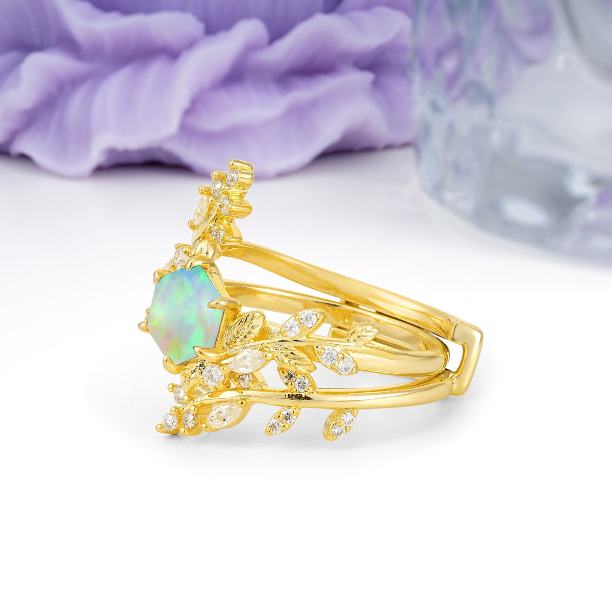 Nature-Inspired Luxury: 6-Prong Hexagonal Cut Fire Opal Bridal Ring Set - Additional view