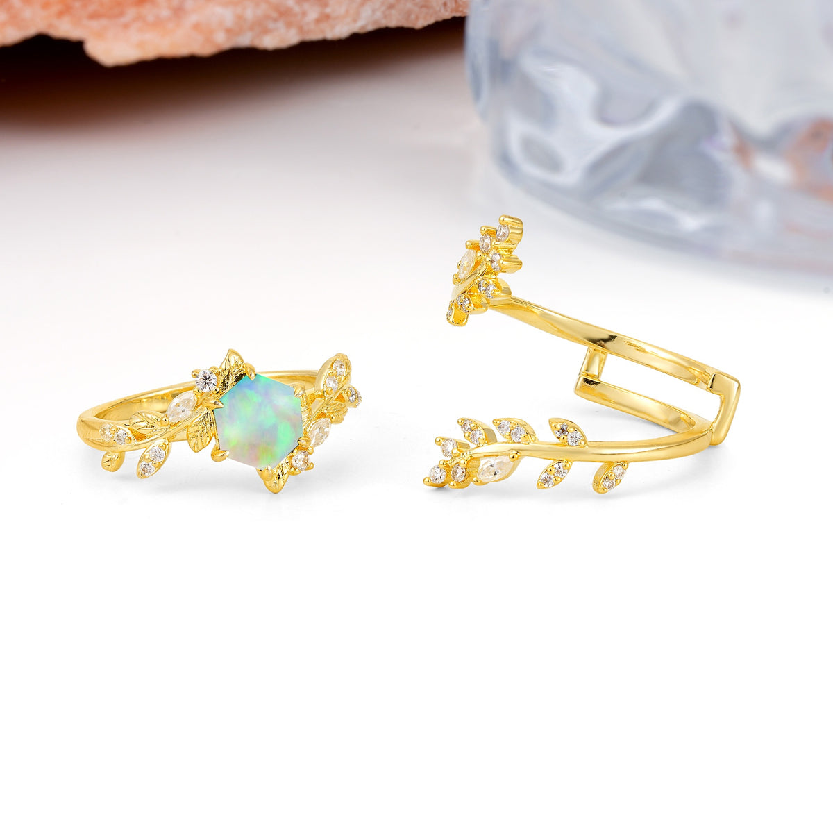 Nature-Inspired Luxury: 6-Prong Hexagonal Cut Fire Opal Bridal Ring Set - Additional view