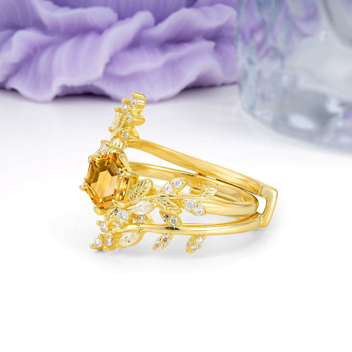 Nature-Inspired Luxury: 6-Prong Hexagonal Cut Citrine Bridal Ring Set - Additional view