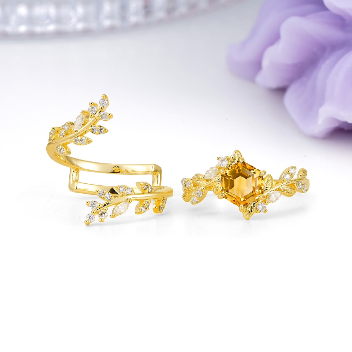 Nature-Inspired Luxury: 6-Prong Hexagonal Cut Citrine Bridal Ring Set - Additional view