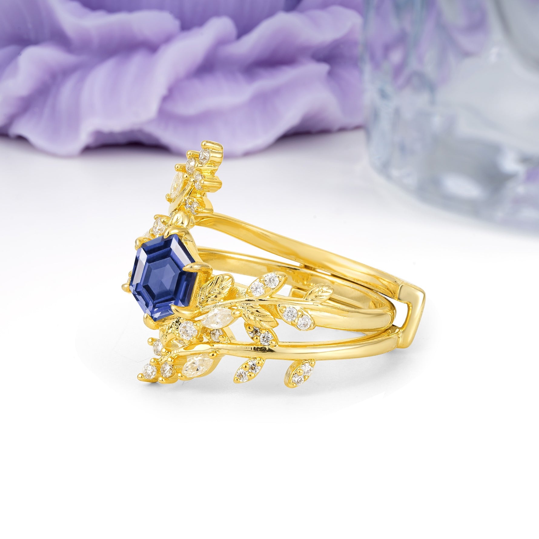Nature-Inspired Luxury: 6-Prong Hexagonal Cut Tanzanite Bridal Ring Set - Additional view