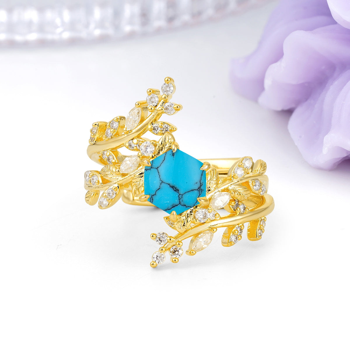 Nature-Inspired Luxury: 6-Prong Hexagonal Cut Turquoise Bridal Ring Set - Additional view