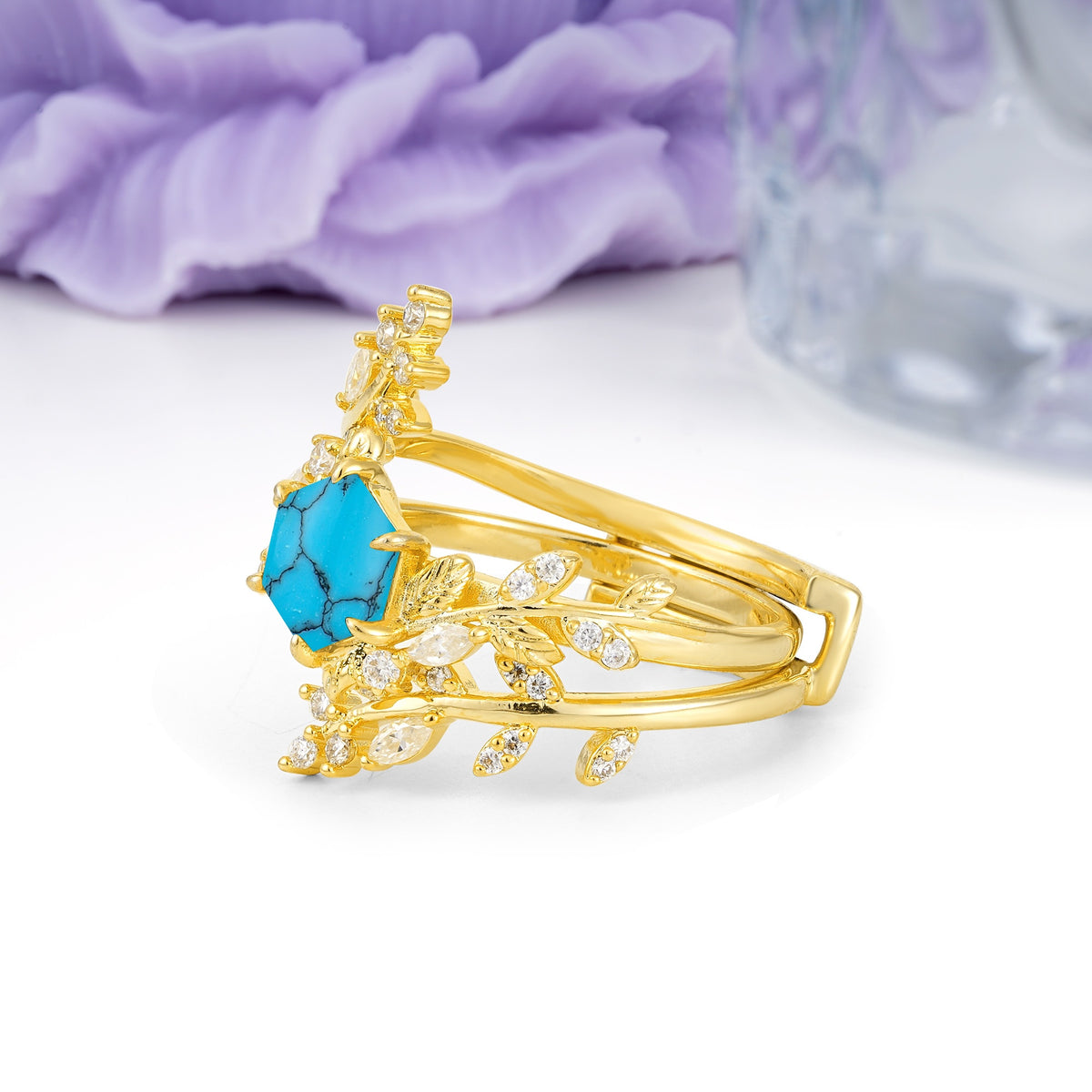 Nature-Inspired Luxury: 6-Prong Hexagonal Cut Turquoise Bridal Ring Set - Additional view
