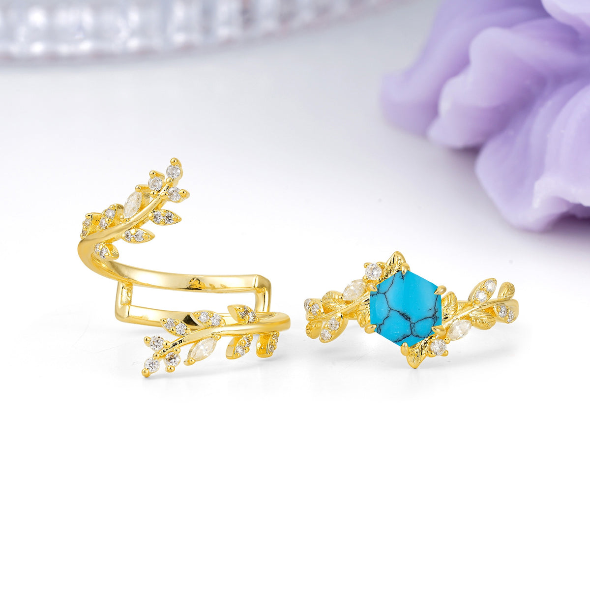 Nature-Inspired Luxury: 6-Prong Hexagonal Cut Turquoise Bridal Ring Set - Additional view