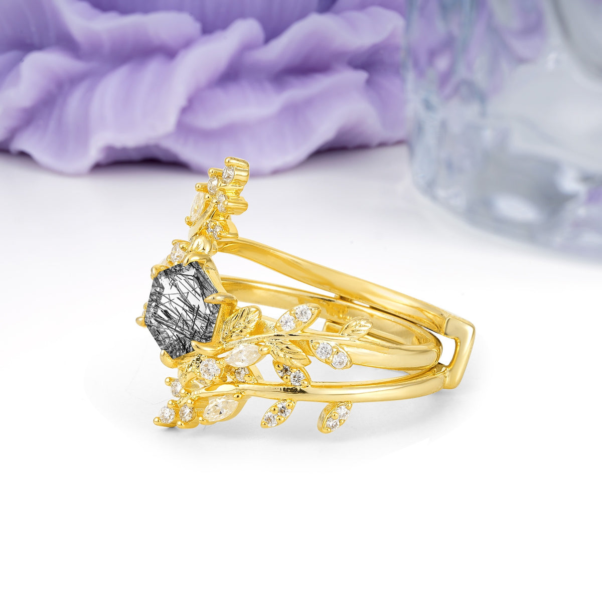 Nature-Inspired Luxury: 6-Prong Hexagonal Cut Black Rutilated Quartz Bridal Ring Set - Additional view