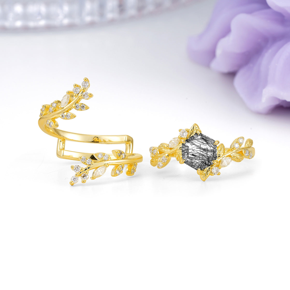 Nature-Inspired Luxury: 6-Prong Hexagonal Cut Black Rutilated Quartz Bridal Ring Set - Additional view
