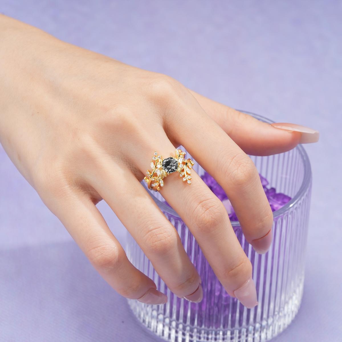 Nature-Inspired Luxury: 6-Prong Hexagonal Cut Black Rutilated Quartz Bridal Ring Set