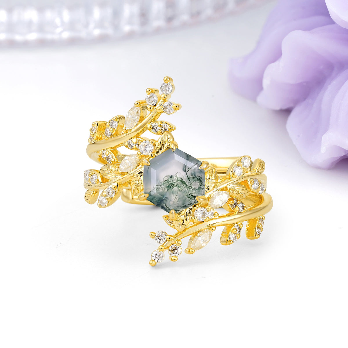 Nature-Inspired Luxury: 6-Prong Hexagonal Cut Moss Agate Bridal Ring Set - Additional view