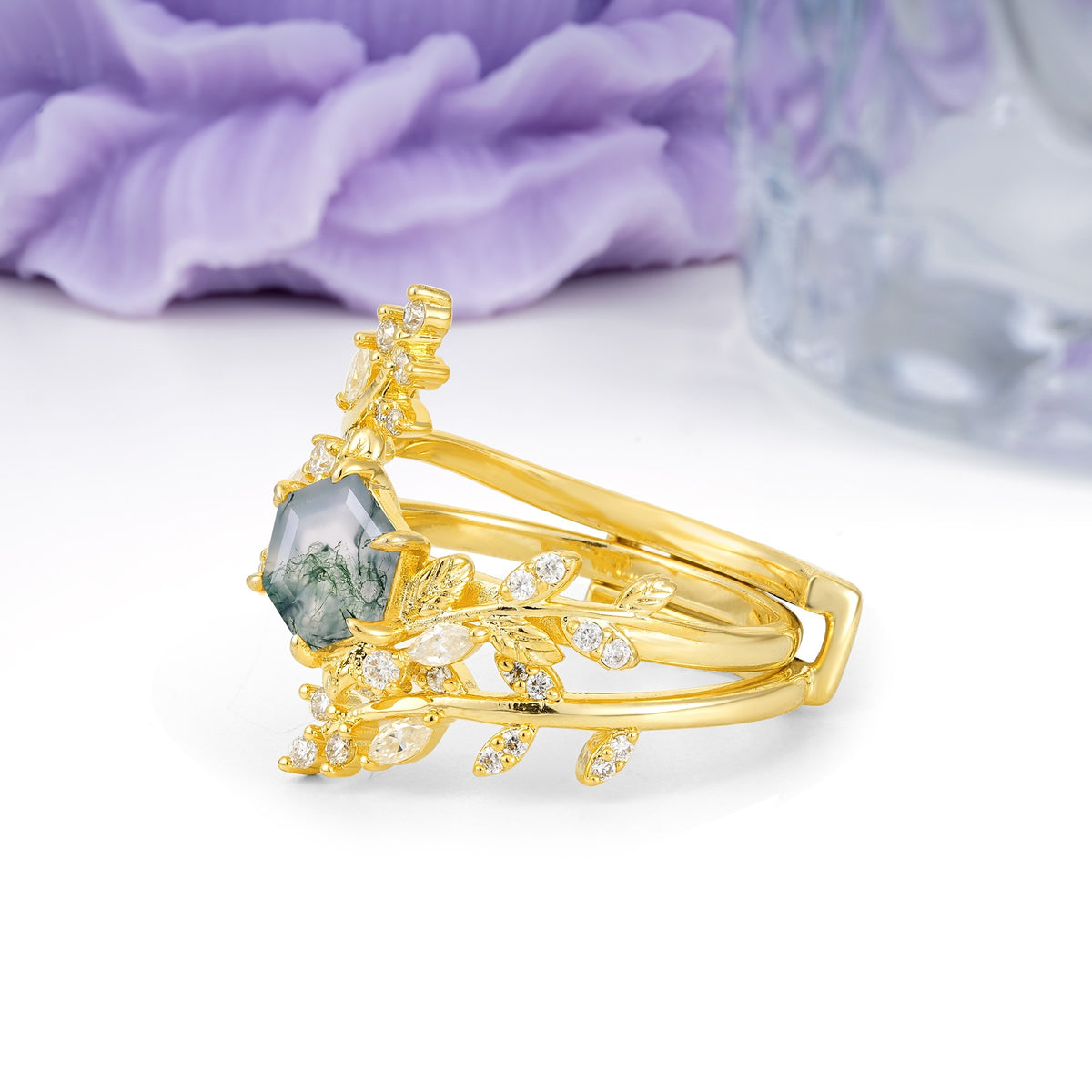 Nature-Inspired Luxury: 6-Prong Hexagonal Cut Moss Agate Bridal Ring Set - Additional view