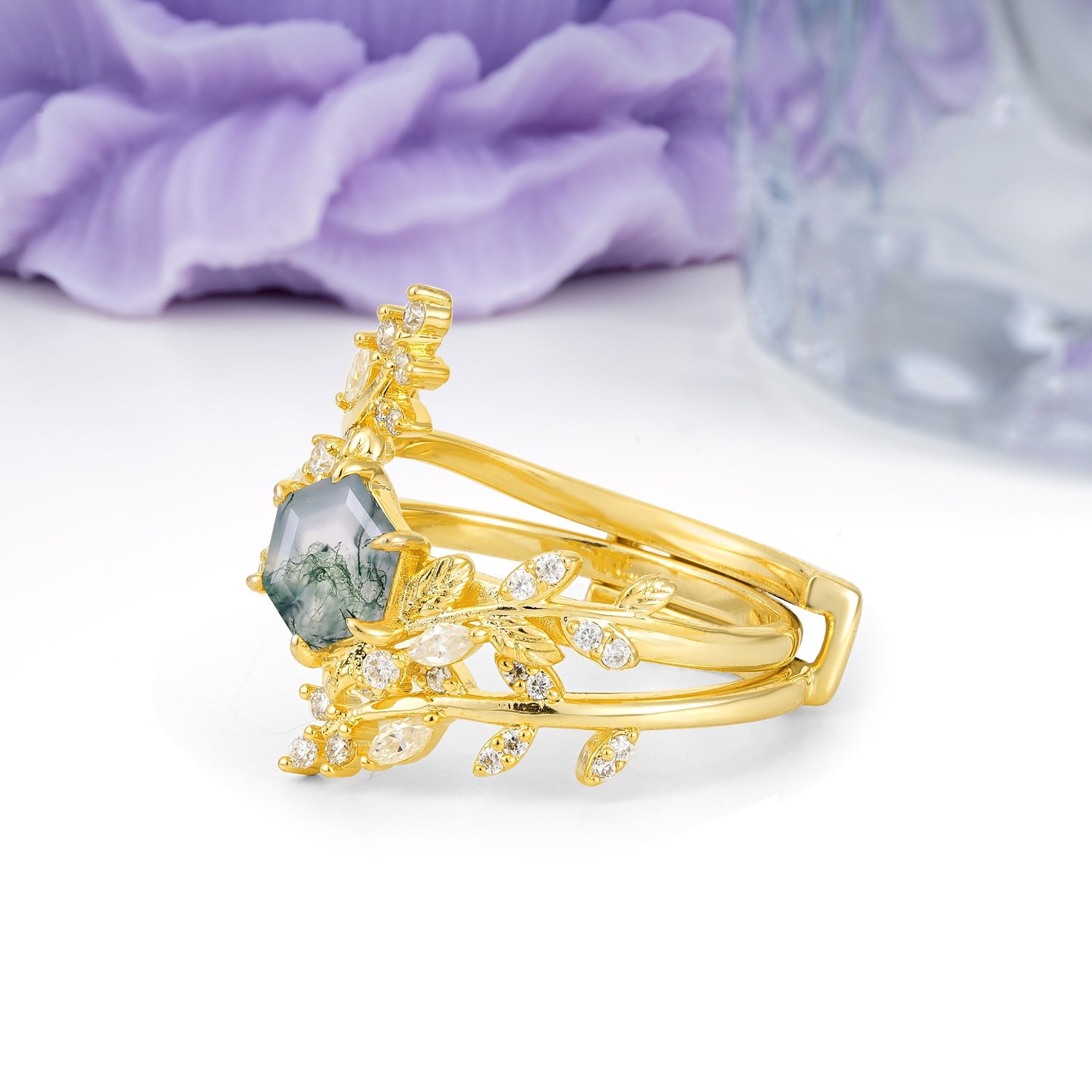 Nature-Inspired Luxury: 6-Prong Hexagonal Cut Moss Agate Bridal Ring Set - Additional view